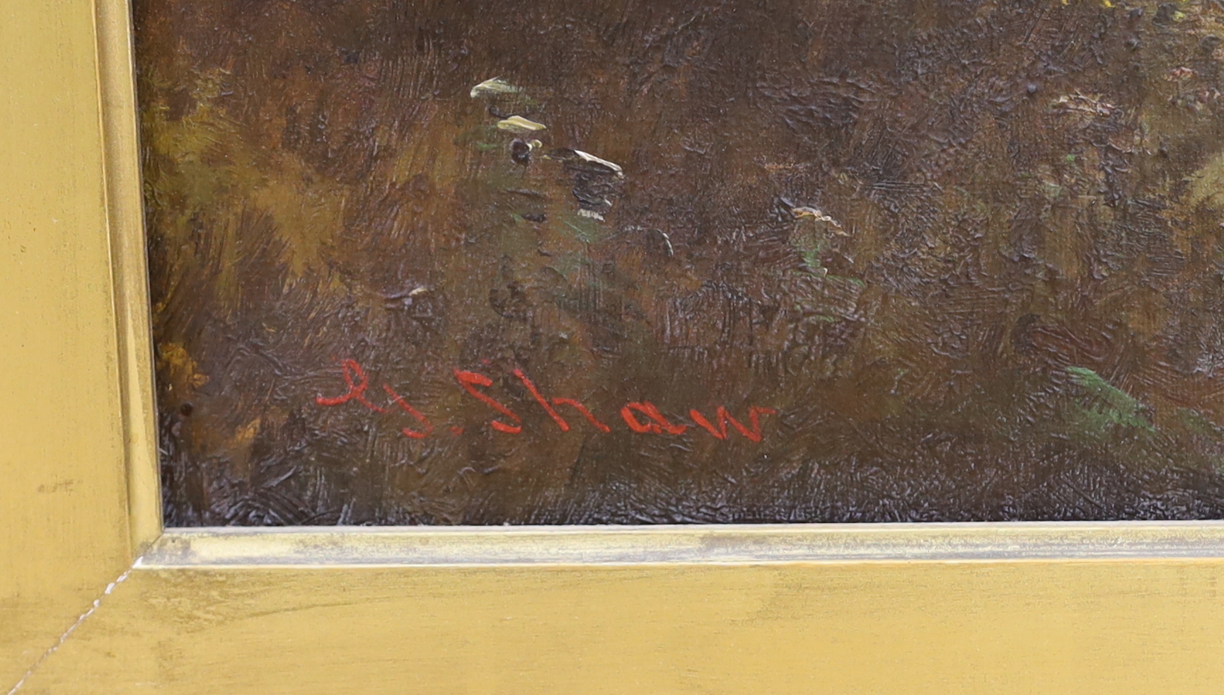 George Shaw (1843-1915), oil on canvas, Extensive highland scene with cattle beside a river, signed, 44 x 99cm, ornate gilt framed